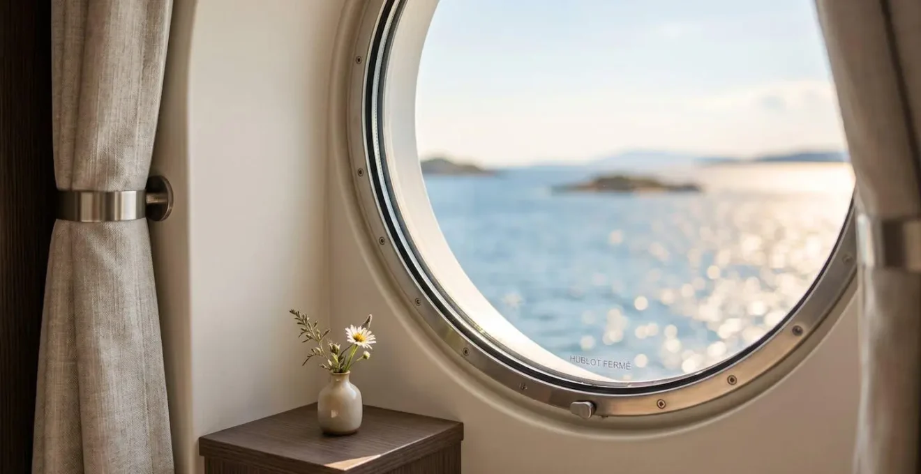 Détail d'une cabine de ferry contemporaine avec hublot offrant une vue sur la mer Méditerranée