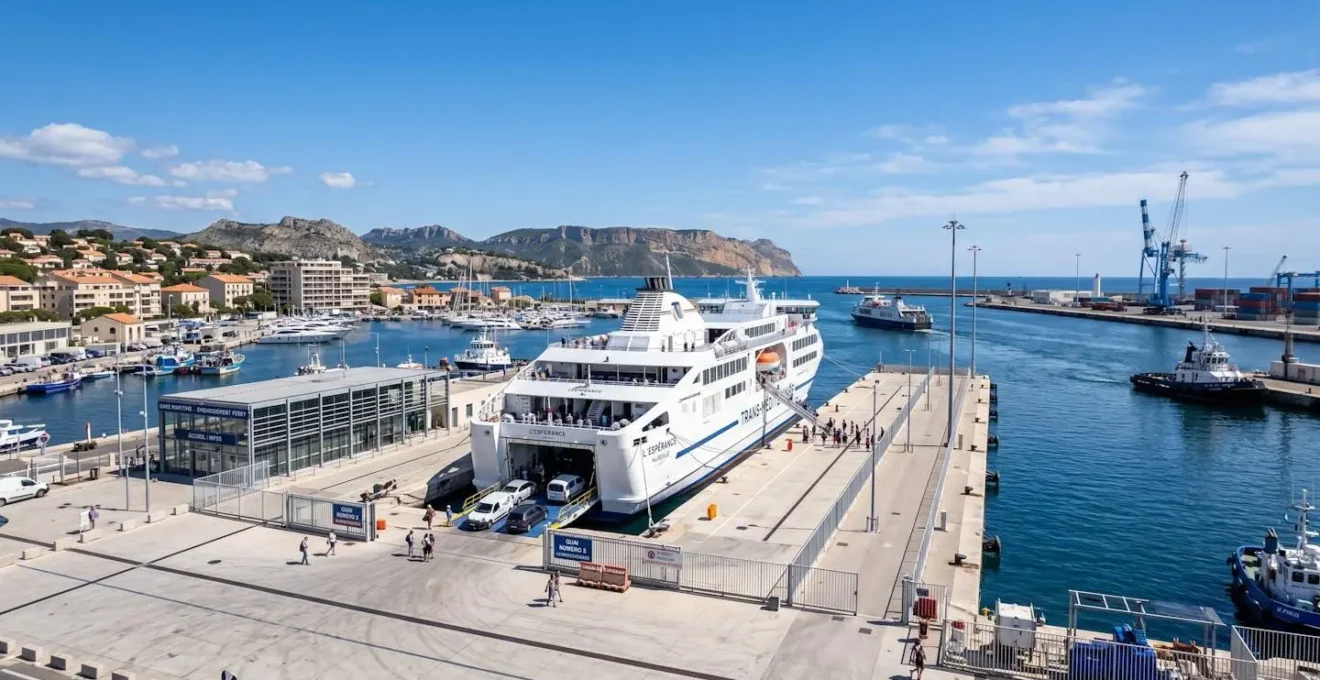 Vue du port de commerce de Toulon avec un ferry moderne amarré au quai sous un ciel bleu méditerranéen