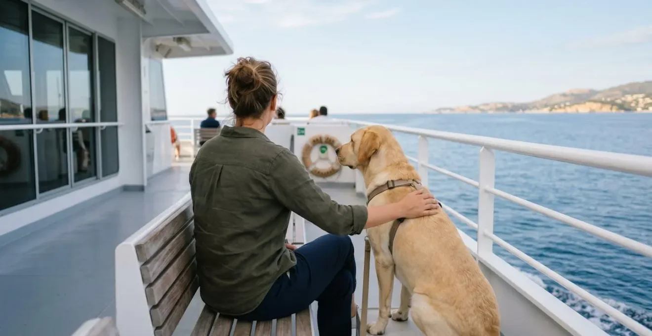 Un voyageur vu de dos avec son chien en laisse sur le pont d'un ferry, regardant ensemble l'horizon marin